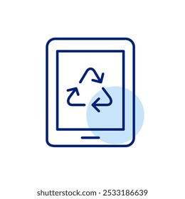 Tablet eletrônico com setas recicláveis. Sustentabilidade digital, tecnologia ecológica. Ícone de vetor perfeito de pixel