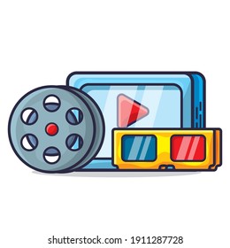 electronic tablet, roll film and 3d glasses for watching movie concept illustration collection 