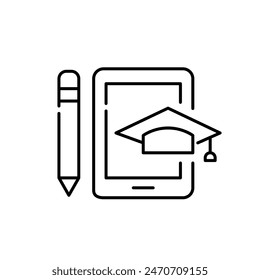 Electronic tablet, stylus and graduate cap. Academic success in digital learning. Pixel perfect, editable stroke vector icon