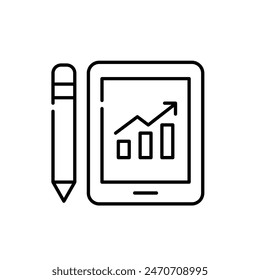 Electronic tablet, stylus and growing bar chart. Use of mobile device for making notes and analyzing statistics. Pixel perfect, editable stroke vector icon