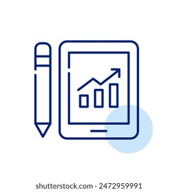 Electronic tablet, stylus and growing bar chart. Use of mobile device for making notes and analyzing statistics. Vector
