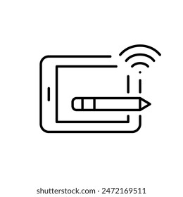 Electronic tablet, stylus and wifi. Creating sketches, notes and working from mobile device. Editable vector icon