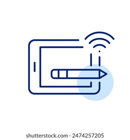 Electronic tablet, stylus and wifi. Creating sketches, notes and working from mobile device. Pixel perfect vector icon