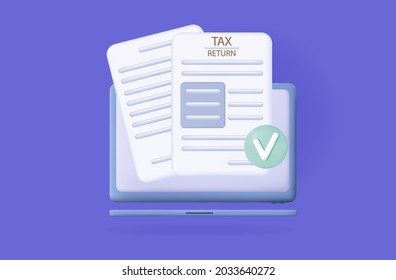 Electronic tax return 3d online. Financial statement of income, expenses of the business. Earned profit in an electronic tax document. Making a digital statement on a laptop screen.Vector illustration