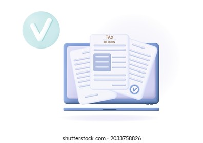 Electronic Tax Return 3d Online. Financial Statement Of Income, Expenses Of The Business. Earned Profit In An Electronic Tax Document. Arrange Digital Statement On A Laptop Screen.Vector Illustration