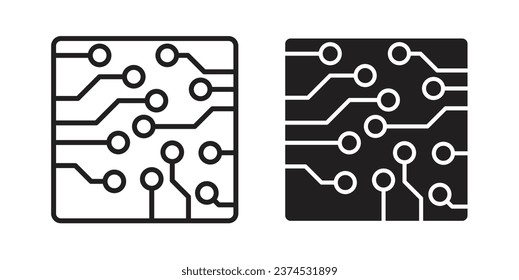 conjunto de iconos de la tarjeta de circuitos impresos de tecnología electrónica. símbolo del vector del circuito del transistor de comunicación de microchip en blanco y negro.