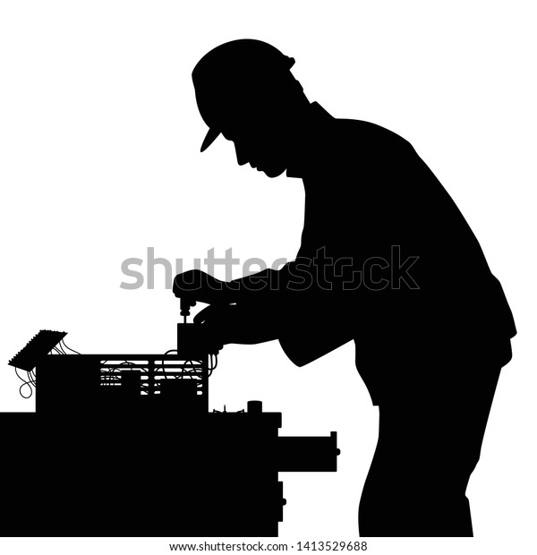 Electronic\
technician in work shop silhouette\
vector