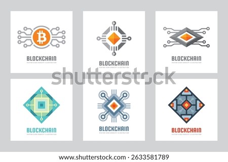 Electronic technology business logo set template concept vector illustration. Gear electronic factory sign. Cog wheel technology symbol. SEO emblem. Blockchain network communication. Design element.