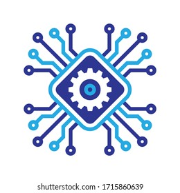 Electronic technology computer chip processor - concept business logo template vector illustration. CPU - creative logo. Digital network icon symbol. Gear SEO. Graphic design element. 