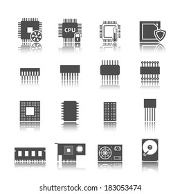 Electronic technology devices computer circuits black icons set isolated vector illustration