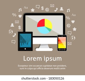 Electronic technology devices emblem of monitor screen mobile smartphone and tablet computer with social media icons vector illustration
