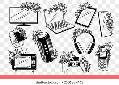Electronic technology devices and gadgets decorated with flowers are intended for relaxation or working. Laptop and wireless speaker or smartwatch with smartphone. Hand drawn doodle