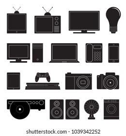 Electronic Technology icon Set : Old Television, Television,Light Bulb, Computer Desktop, Notebook, Office Phone, Smartphone, Tablet, Game Console, Joystick, Camera, DSLR, DVD Player, Subwoofer