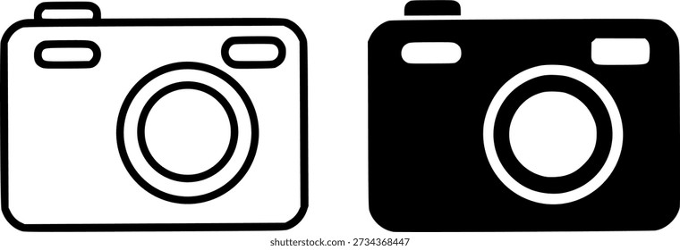 Electronic or technology icon, vector illustration of a rangefinder camera, black and white in outline and silhouette versions