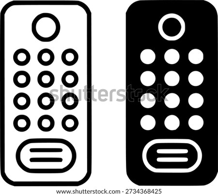 Electronic or technology icon, vector illustration of remote control, black and white in outline and silhouette versions
