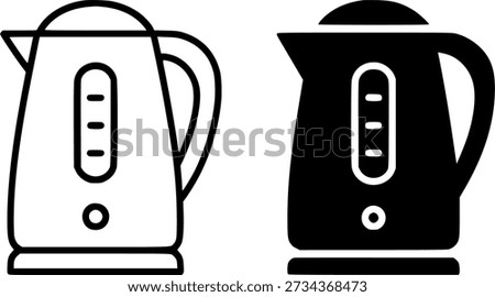 Electronic or technology icon, vector illustration of a kettle, black and white in outline and silhouette versions