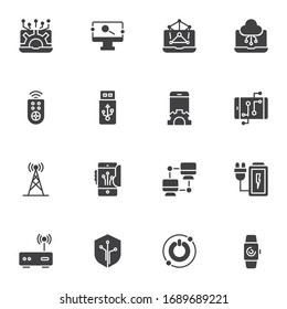 Electronic technology vector icons set, modern solid symbol collection, filled style pictogram pack. Signs, logo illustration. Set includes icons as broadcast antenna, wireless remote control, usb 