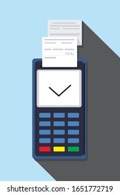 Electronic terminal or reader and paying or buying. Contactless payment system or technology. Colorful modern vector illustration in flat style with long shadow isolated on blue background.