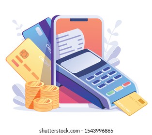Electronic terminal or reader and paying or purchasing. Contactless payment system or technology. Concept of payment terminal, online banking, transfer money, contactless payment. Vector illustration