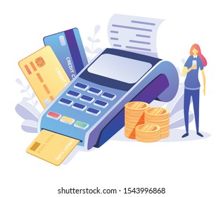 Electronic terminal or reader and paying or purchasing. Contactless payment system or technology. Concept of payment terminal, online banking, transfer money, contactless payment. Vector illustration