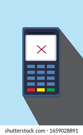 Se canceló el pago electrónico de terminal o lector. Sistema de pago sin contacto o tecnología. Ilustración vectorial moderna y colorida en estilo plano con una larga sombra aislada en fondo azul.