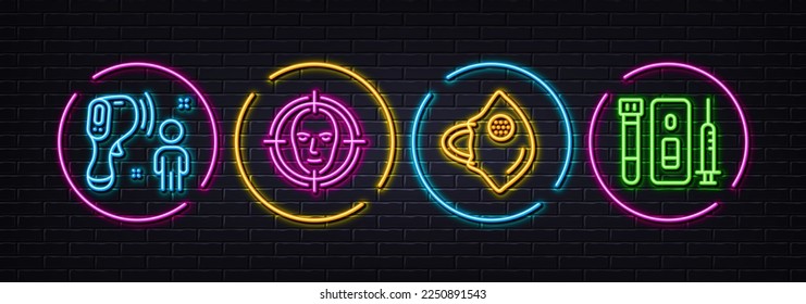 Electronic thermometer, Face detect and Medical mask minimal line icons. Neon laser 3d lights. Blood and saliva test icons. For web, application, printing. Vector