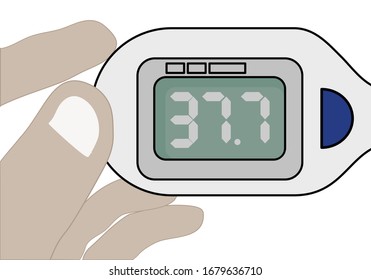 Electronic thermometer in hand. Thermometer for measuring body temperature in vector. Hand holding digital thermometer. Person with thermometer and high temperature. 