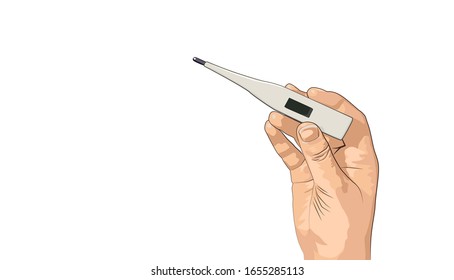 electronic thermometer in hand on a white background with place for text