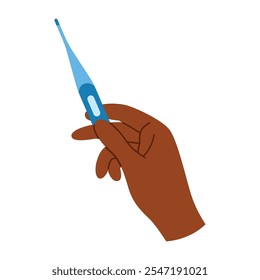 Electronic thermometer held in african american hand for fever detection. Health care concept