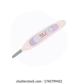 Electronic thermometer with high temperature on the screen, 38.2 degrees Celsius. Severity score, Covid-19 coronary virus infection concept. Hand drawn vector illustration.