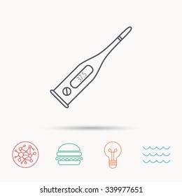 Electronic thermometer icon. Measurement tool sign. Temperature control symbol. Global connect network, ocean wave and burger icons. Lightbulb lamp symbol.