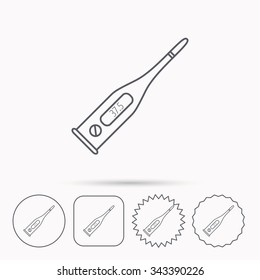 Electronic thermometer icon. Measurement tool sign. Temperature control symbol. Linear circle, square and star buttons with icons.