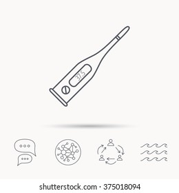 Electronic thermometer icon. Measurement tool sign. Temperature control symbol. Global connect network, ocean wave and chat dialog icons. Teamwork symbol.