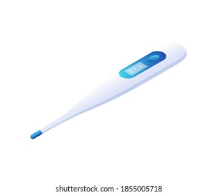 Electronic thermometer isometric vector. White device with blue panel for temperature measurement. Medical tool for tracking bio processes of human body. Modern equipment on guard health.