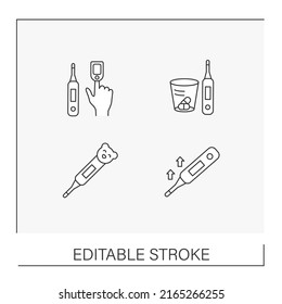 Electronic thermometer line icons set. Control body temperature. Healthcare concepts. Isolated vector illustrations. Editable stroke