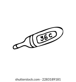 Electronic thermometer. Thermometer for measuring body temperature. Loss of strength, low temperature. Medical tool. Doodle. Vector illustration. Drawn by hand. Outline.