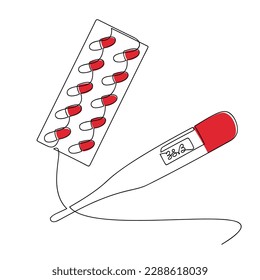 Electronic thermometer and pill blister pack icon vector. Line continuous drawing. Hand drawn medicine, capsules. Design, print, logo, banner. Medical treatment, virus, pharmacy, healthcare concept.