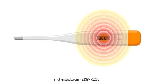 Electronic thermometer show elevated temperature unhealthy illness human. Digital medical measuring and showing fever 38.6 degrees. Disease concept. Vector eps isolated illustration