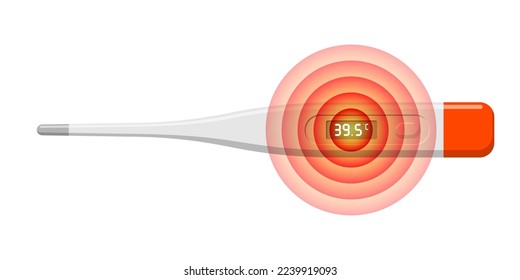 Electronic thermometer show elevated temperature unhealthy illness human. Digital medical measuring and showing fever 39.5 degrees. Disease concept. Vector eps isolated illustration