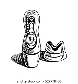 Electronic thermometer sketch vector. Medical device. The dashed black drawing isolated.