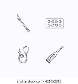 Electronic thermometer, tablets and scalpel icons. Enema linear sign. Flat linear icons on white background. Vector