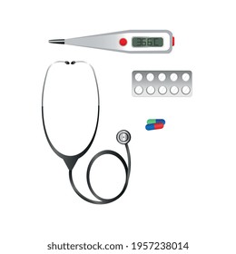 Electronic thermometer, tablets and stethoscope for the disease, set. Vector illustration in a flat style, isolated on a white background