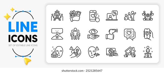 Electronic thermometer, Teamwork and Interview job line icons set for app include Leadership, Buying house, Work home outline thin icon. Online shopping, Health eye. Vector