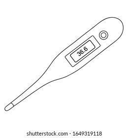 Vektorillustration eines elektronischen Thermometers. Die Anzeige zeigt das Ergebnis der Körpertemperaturmessung 36.6. Umriss auf isoliertem Hintergrund. Farbbuch für Kinder und Erwachsene. 
