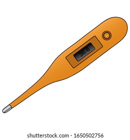Electronic thermometer. Vector illustration. The display shows the result of body temperature measurement 36.6. Appliance on an isolated background. Cartoon style. Health topic. Medical electronics.