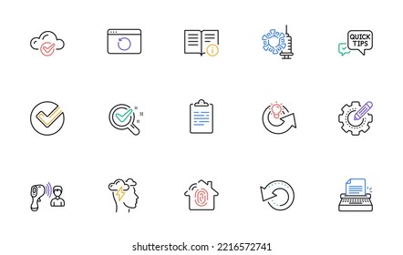 Termómetro electrónico, iconos de la línea de estrés Verificar y Conciencia para sitio web, impresión. Colección de información técnica, vacuna de Coronavirus, Compartir iconos de idea. Acceso a huellas digitales, Portapapeles. Vector
