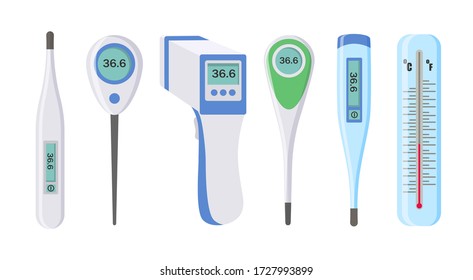 Electronic thermometers, infrared, liquid, measuring body temperature, food, environment. Set of medical thermometers for hospital during coronavirus. Health and diseases concept. Vector illustration.