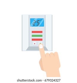 Electronic Thermostat with Hand Which is pressing button. Vector illustration.