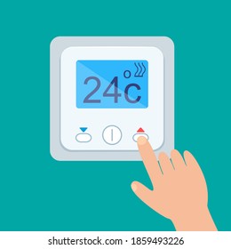 Elektronisches Thermostat mit Schutzschirm für Fußbodenheizung. Die Hand der Person drückt die Temperatur- und Klimabeknopf. einzelne Vektorgrafik
