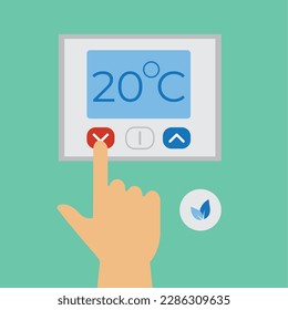 Termostato electrónico con pantalla para calefacción de suelo. La mano de la persona presiona el botón de temperatura y control del clima. ilustración vectorial aislada